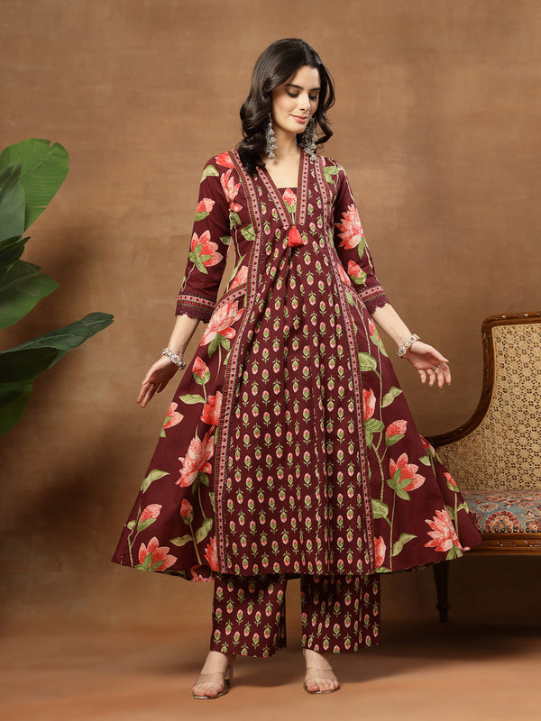 Cotton Calf Length Printed 3/4 Sleeves V-Neck Flared Kurta Suit Set