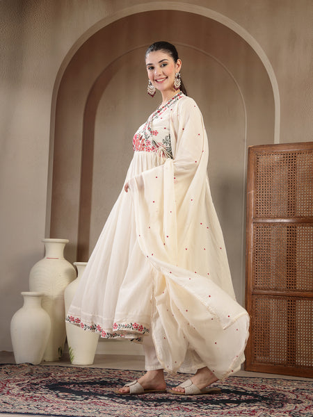 Gulmohar Jaipur Cotton Calf Length Solid Full Sleeves Anrakha Neck Flared Kurta Suit Set