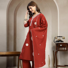 Cotton Calf Length Solid 3/4 Sleeve V-Neck Straight Kurta Suit Set