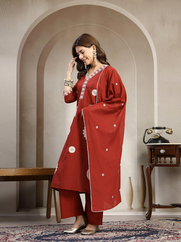 Cotton Calf Length Solid 3/4 Sleeve V-Neck Straight Kurta Suit Set