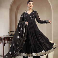 Gulmohar Jaipur Malmal Calf Length Solid Full Sleeves Anrakha Neck Anarkali Kurta Suit Set