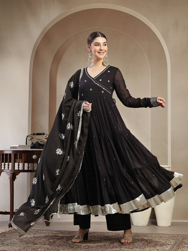 Gulmohar Jaipur Malmal Calf Length Solid Full Sleeves Anrakha Neck Anarkali Kurta Suit Set