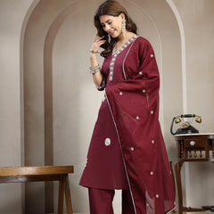 Cotton Calf Length Solid 3/4 Sleeve V-Neck Straight Kurta Suit Set