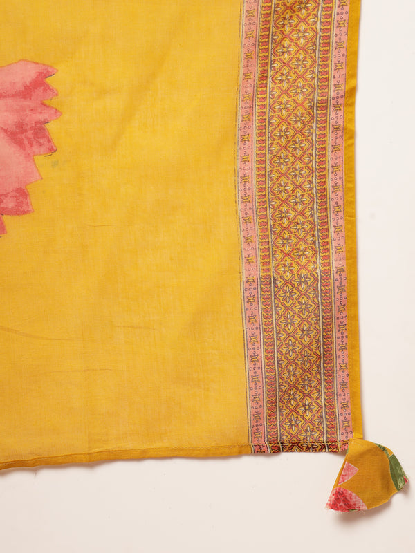 Cotton Calf Length Printed 3/4 Sleeves V-Neck Flared Kurta Suit Set