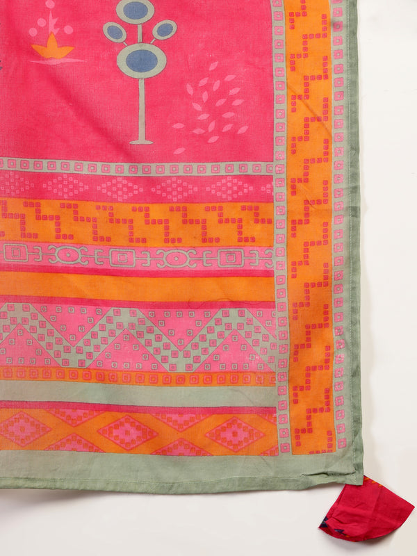 Gulmohar Jaipur Rayon Calf Length Printed 3/4 Sleeves Round Neck A-Line Kurta Suit Set