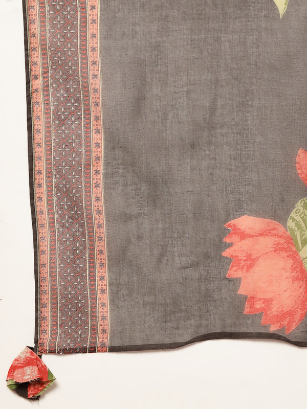 Cotton Calf Length Printed 3/4 Sleeves V-Neck Flared Kurta Suit Set