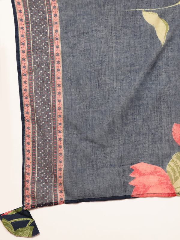 Cotton Calf Length Printed 3/4 Sleeves V-Neck Flared Kurta Suit Set