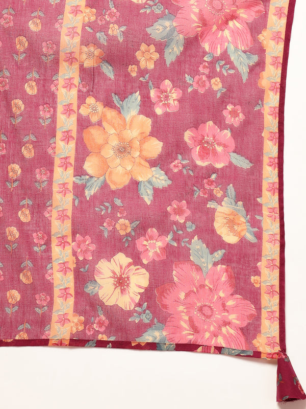 Cotton Calf Length Printed 3/4 Sleeves V-Neck Flared Kurta Suit Set