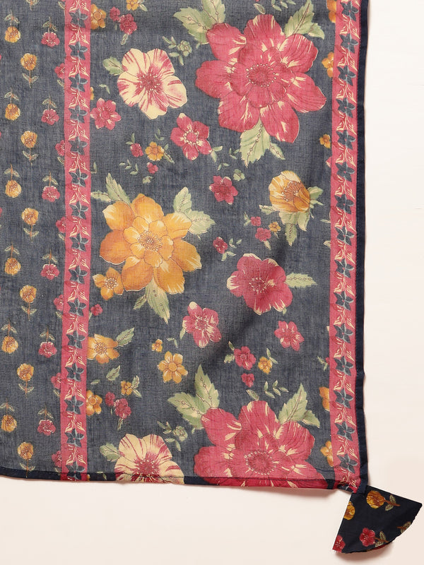 Cotton Calf Length Printed 3/4 Sleeves V-Neck Flared Kurta Suit Set