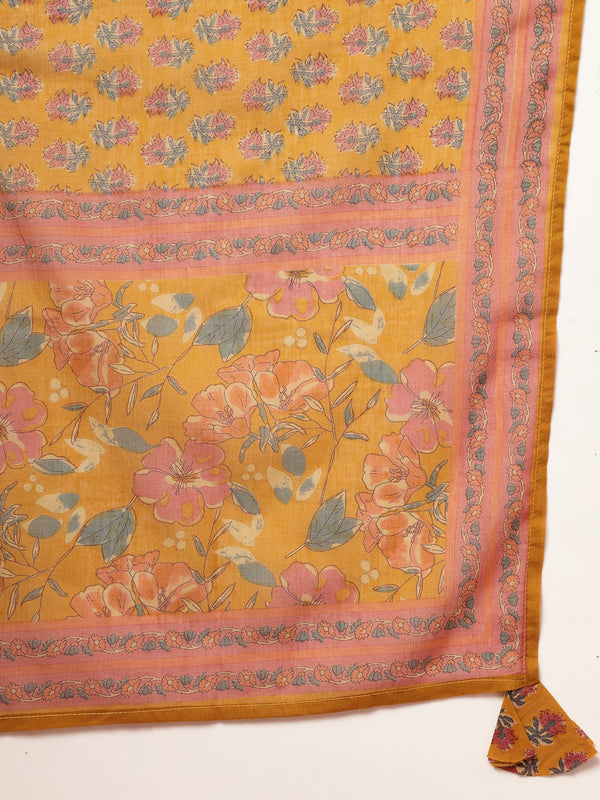 Cotton Calf Length Printed 3/4 Sleeves V-Neck Flared Kurta Suit Set