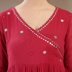 Gulmohar Jaipur Malmal Calf Length Solid Full Sleeves Anrakha Neck Anarkali Kurta Suit Set