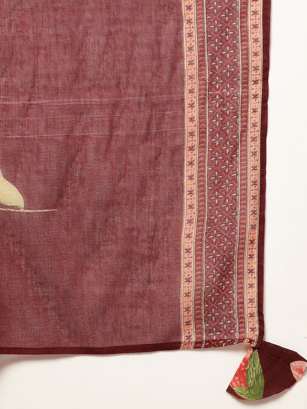 Cotton Calf Length Printed 3/4 Sleeves V-Neck Flared Kurta Suit Set