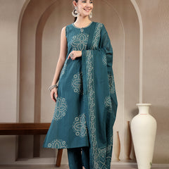 Gulmohar Jaipur Cotton Calf Length Printed Sleeveless Round Neck Straight Kurta Suit Set