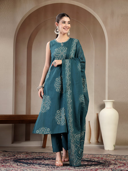 Gulmohar Jaipur Cotton Calf Length Printed Sleeveless Round Neck Straight Kurta Suit Set