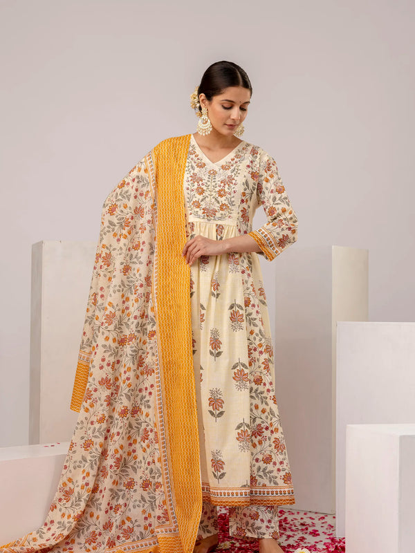 Off White Cotton Floral Print Embroidered Kurta Suit Set