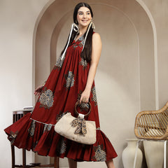 Gulmohar Jaipur Cotton Calf Length Printed Sleeveless Collard Neck Flared Kurta