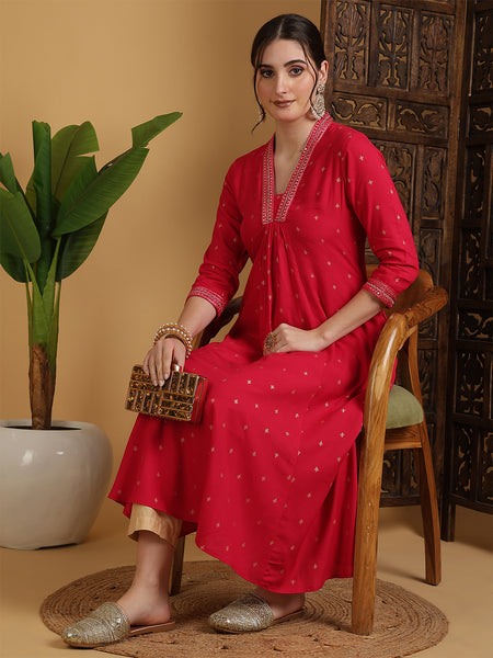 Coral Rayon Calf Length Solid Semi-Flared V-Neck Kurta