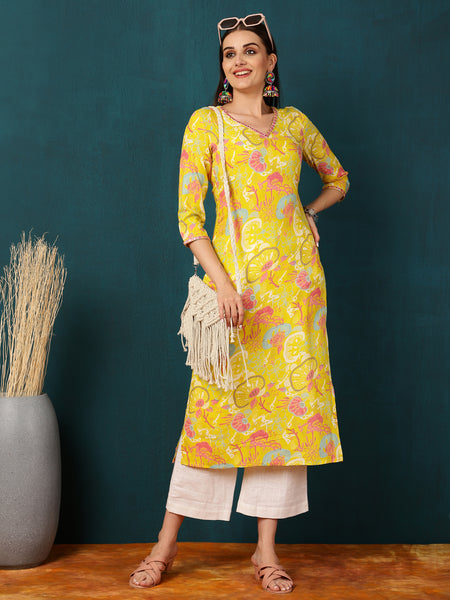 Rayon  Calf length Length Floral  Straight 3/4 Sleeves V  Kurta