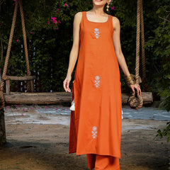 Gulmohar Jaipur Rayon Calf Length Solid Sleeveless Round Neck Straight Kurta Suit Set