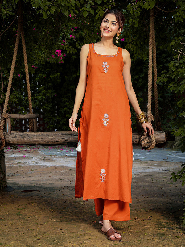 Gulmohar Jaipur Rayon Calf Length Solid Sleeveless Round Neck Straight Kurta Suit Set