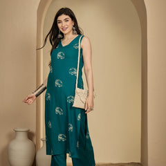 Gulmohar Jaipur Rayon Calf Length Printed Sleeveless V-Neck Straight Kurta Suit Set