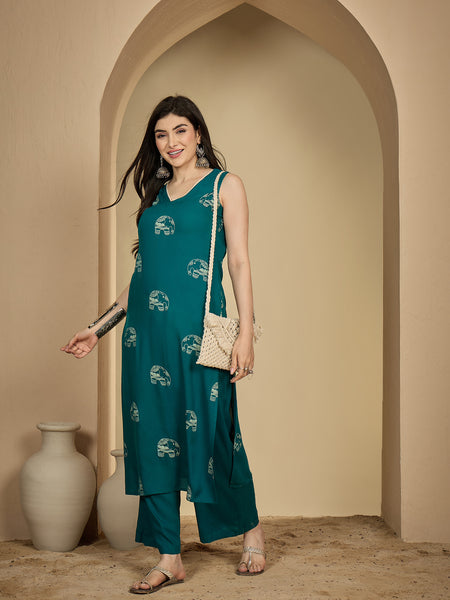 Gulmohar Jaipur Rayon Calf Length Printed Sleeveless V-Neck Straight Kurta Suit Set