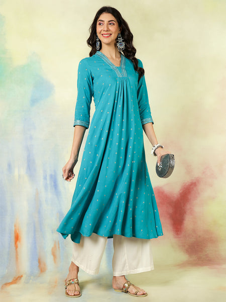 Seagreen Rayon Calf Length Solid Semi-Flared V-Neck Kurta