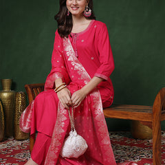 Pink Rayon Calf Length Solid 3/4 Sleeves Round Neck Straight Kurta Suit Set