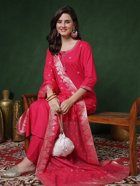Pink Rayon Calf Length Solid 3/4 Sleeves Round Neck Straight Kurta Suit Set