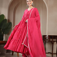 Gulmohar Jaipur Cotton Calf Length Solid Full Sleeves V-Neck Anarkali Kurta Suit Set