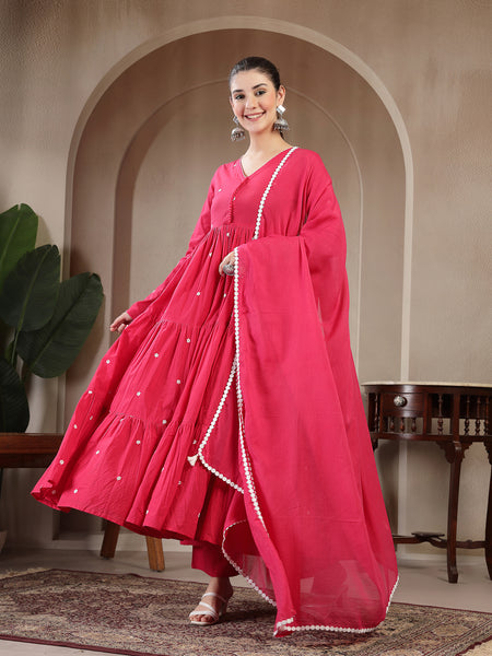 Gulmohar Jaipur Cotton Calf Length Solid Full Sleeves V-Neck Anarkali Kurta Suit Set