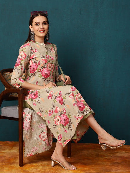 Cotton Flex  Calf length Length Floral  Straight 3/4 Sleeves V  Kurta