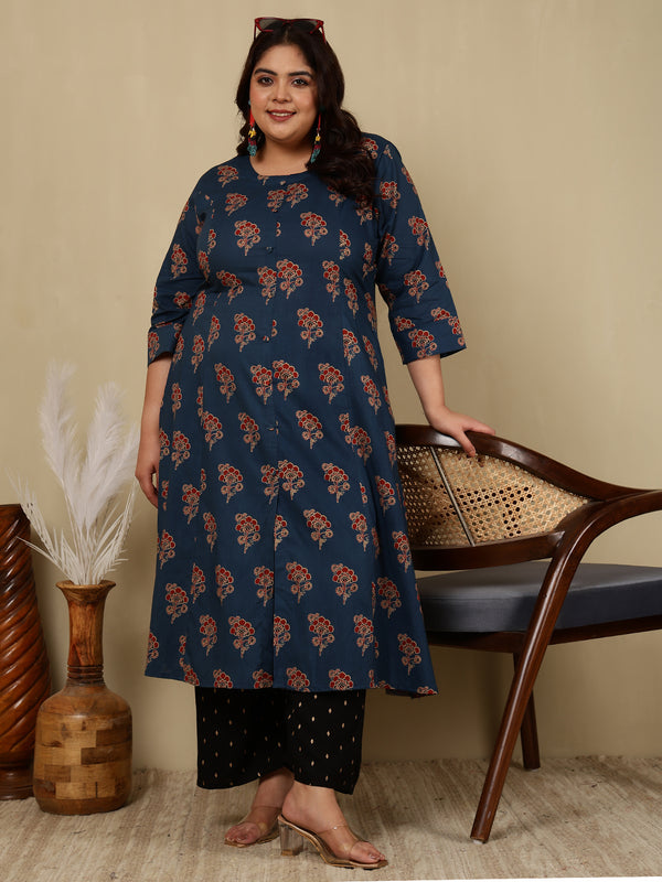 Cotton Calf Length Printed Straight 3/4 Sleeves Round Kurta Suit Set (Plus+)