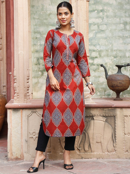 Maroon Cotton Calf Length Printed Straight Round Neck Kurta