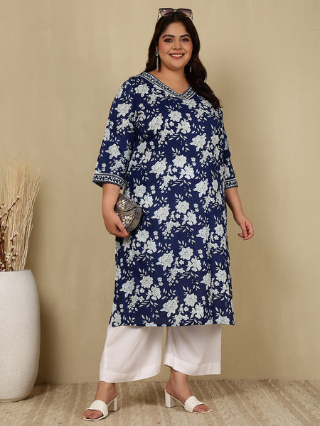 Cotton  Calf Length Printed Straight 3/4 Sleeves V-Neck Kurta