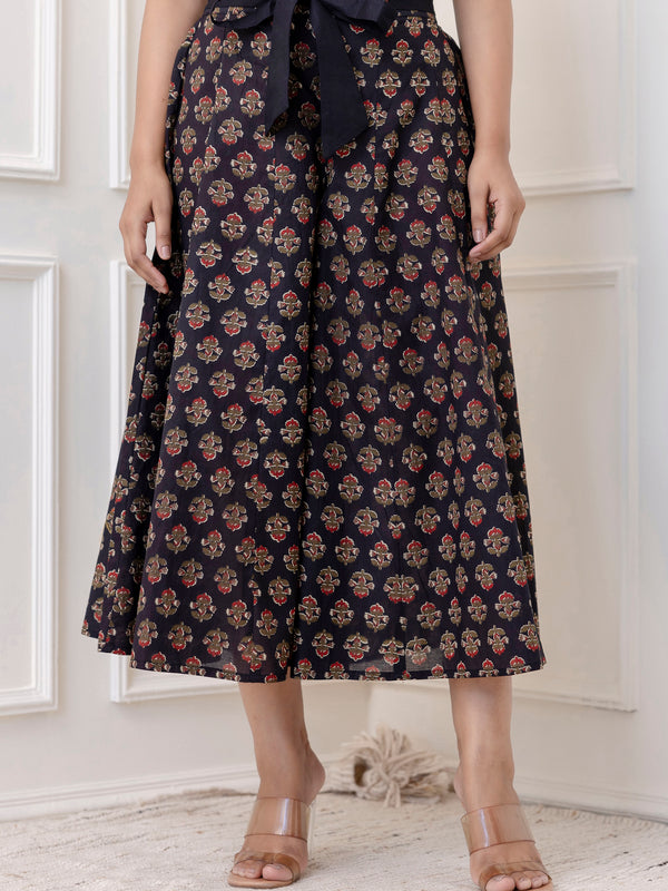Navy Cotton Calf Length Printed Flared Palazzo