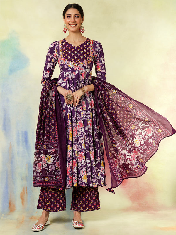 Black Pure Cotton Printed Embroidered Anarkali Kurta Suit Set