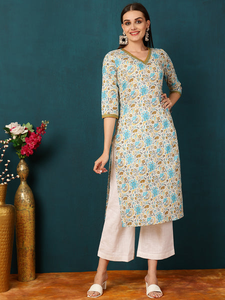 Rayon  Calf length Length Floral  Straight 3/4 Sleeves V  Kurta
