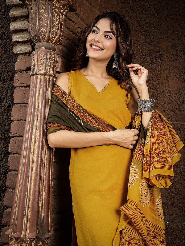 Gulmohar Jaipur Rayon Calf Length Solid Sleeveless V-Neck Straight Kurta Suit Set