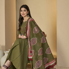 Gulmohar Jaipur Cotton Calf Length Solid 3/4 Sleeves Round Neck Flared Kurta Suit Set