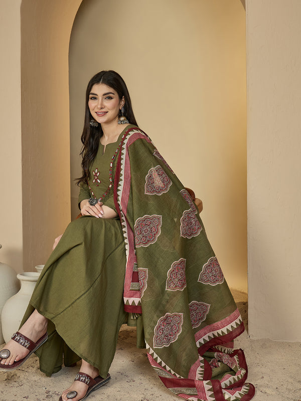 Gulmohar Jaipur Cotton Calf Length Solid 3/4 Sleeves Round Neck Flared Kurta Suit Set