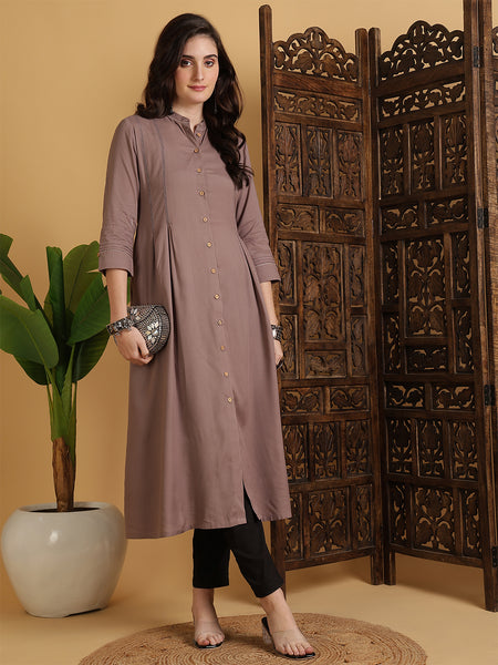 Light Brown Rayon Calf Length Solid A-Line Mandarin Neck Kurta