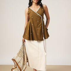 Cotton Hip Length Solid Sleeveless V-Neck Flared Top