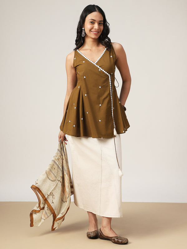 Cotton Hip Length Solid Sleeveless V-Neck Flared Top