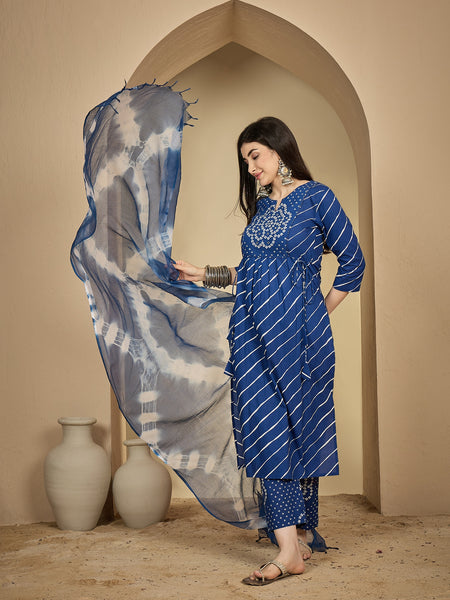 Gulmohar Jaipur Cotton Calf Length Printed 3/4 Sleeves Round Neck Flared Kurta Suit Set