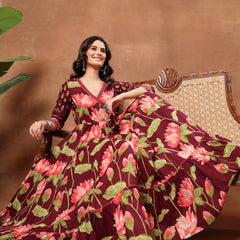 Cotton Ankle Length Printed 3/4 Sleeves V-Neck Flared Kurta