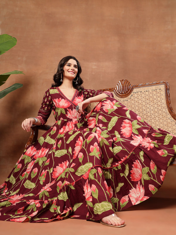 Cotton Ankle Length Printed 3/4 Sleeves V-Neck Flared Kurta