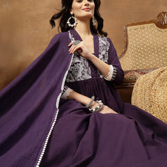 Cotton Calf Length Solid 3/4 Sleeves V-Neck Flared Kurta Suit Set