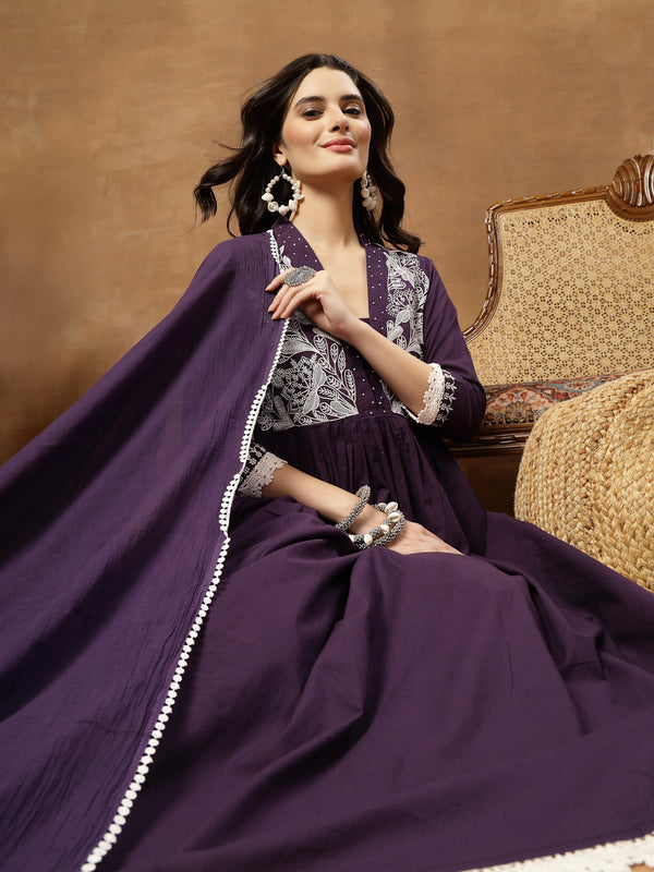 Cotton Calf Length Solid 3/4 Sleeves V-Neck Flared Kurta Suit Set