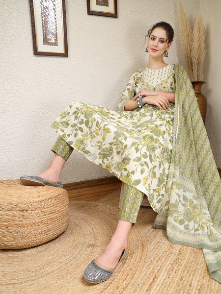 Olive Cotton Calf Length Printed Round Neck Anarkali Kurta Suit Set